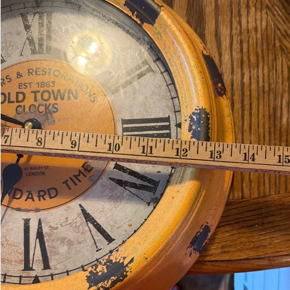 Old Town Clocks Standard Time Distressed Yellow Metal Wall Clock 14.5 Inch Round